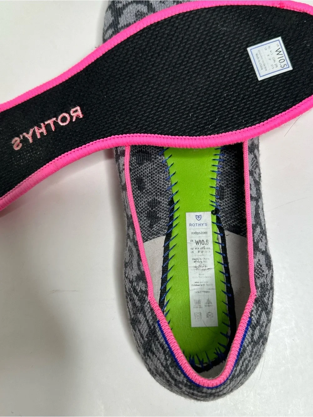 Rothy's The Flat Haze Spot Grey Leopard Pink Trim Size 10.5
